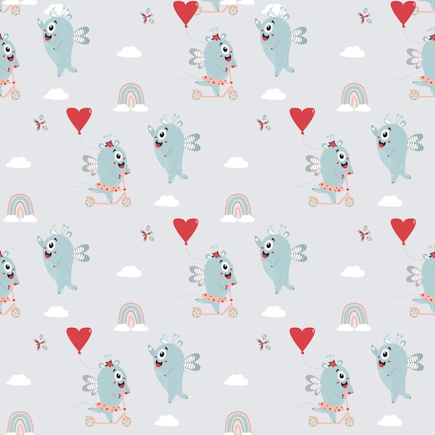 Seamless pattern with cute monsters Pair of winged monsters girl is riding scooter and boy