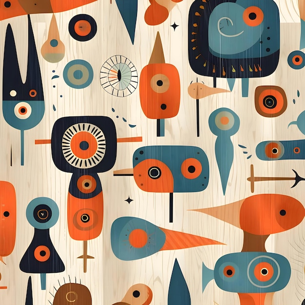 Seamless pattern with cute monsters on wooden background Vector illustration