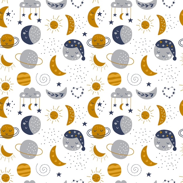 Seamless pattern with cute moon kids print Vector illustration