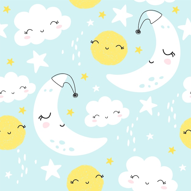 Бесшовный фон с милой луной, смолами и облаками. детский фон.