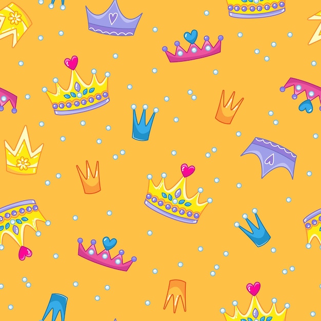 Seamless pattern with cute multicolored king or princess crowns on an orange background Tiara