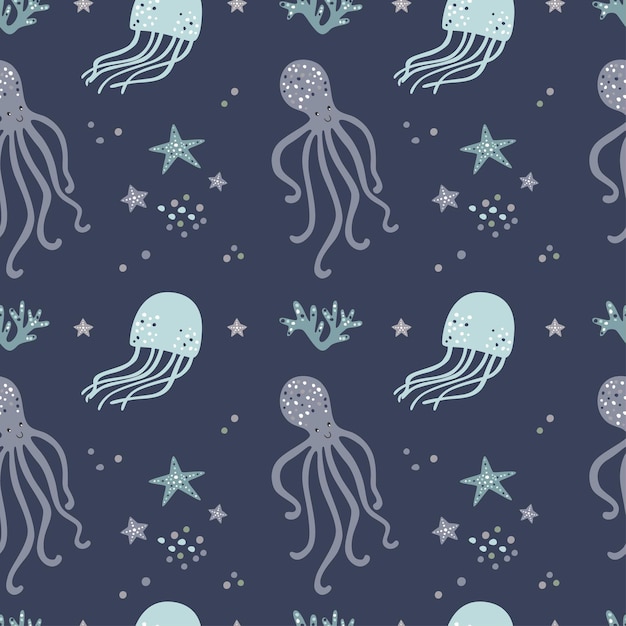 Vector seamless pattern with cute octopus and starfishes.