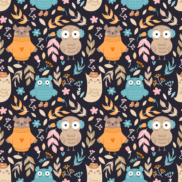 Seamless pattern with cute owls and twigs Wallpaper for children room Printing on fabric and wrapping paper Floral ornament