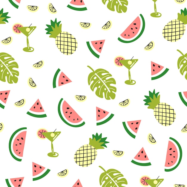 Vector seamless pattern with cute palm watermelon pineapple