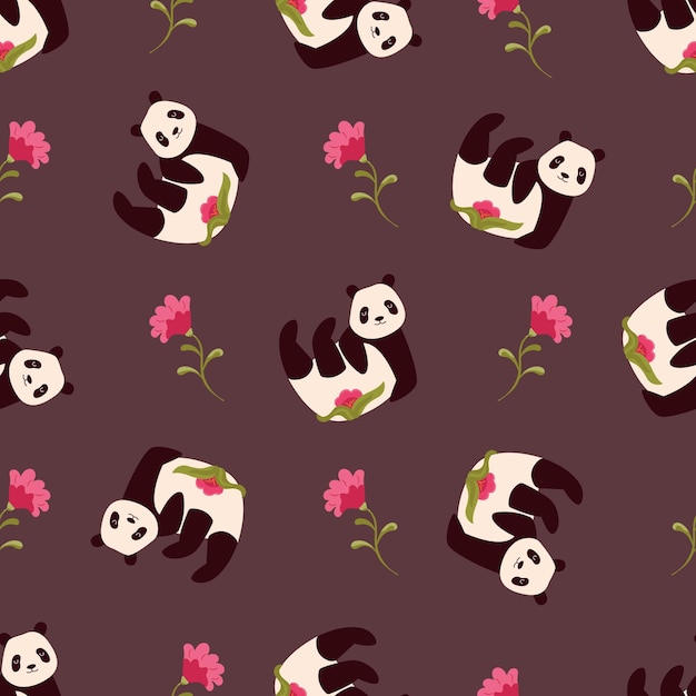 Бесшовный узор с милыми пандами и цветочным орнаментом Векторная иллюстрация для обоев, украшения подарочной коробки текстиля