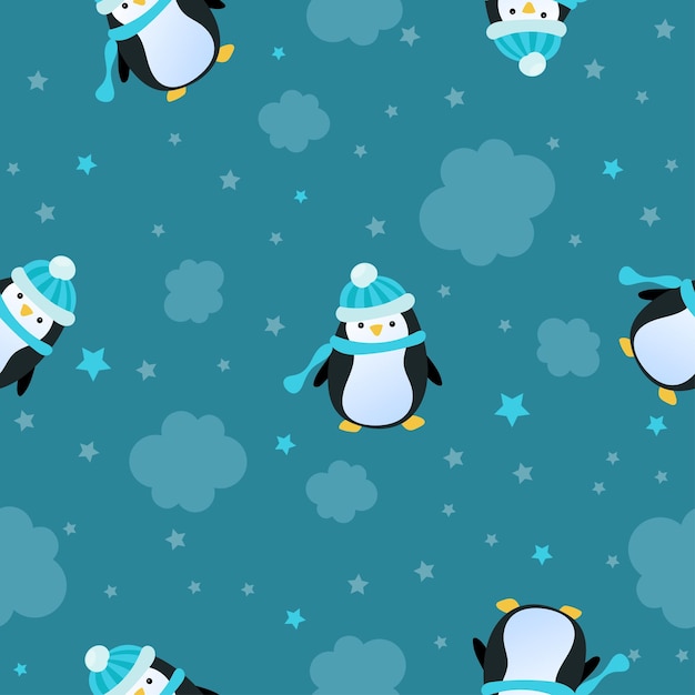 Seamless pattern with cute penguin in cartoon style. Vector illustration
