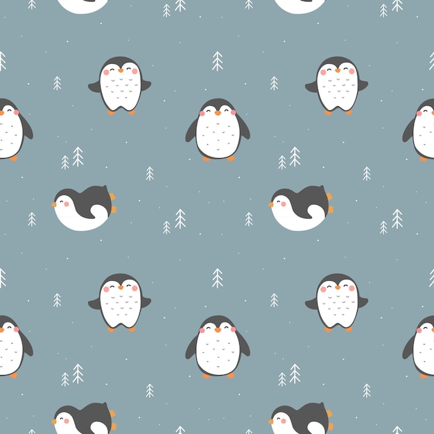 Бесшовный фон с милыми пингвинами зимней тематической печатью для детской одежды и тканевой бумаги