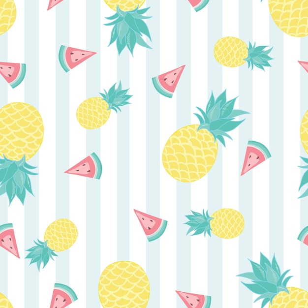 Vector seamless pattern with cute pineapple and watermelon
