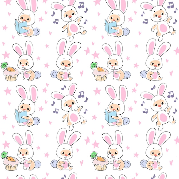 Seamless pattern with cute pink bunnies on a white background vector easter illustration flat