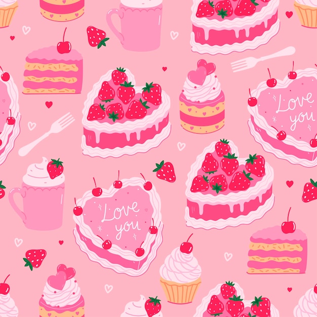 Seamless pattern with cute pink desserts Vector graphics