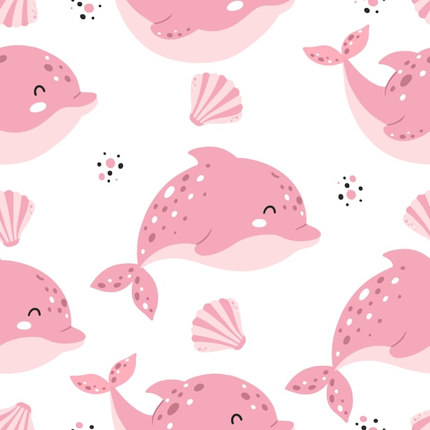 Seamless pattern with cute pink dolphins in scandinavian style for childrens print