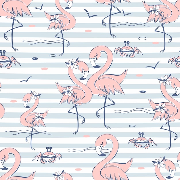 Seamless pattern with cute pink flamingos striped background vector