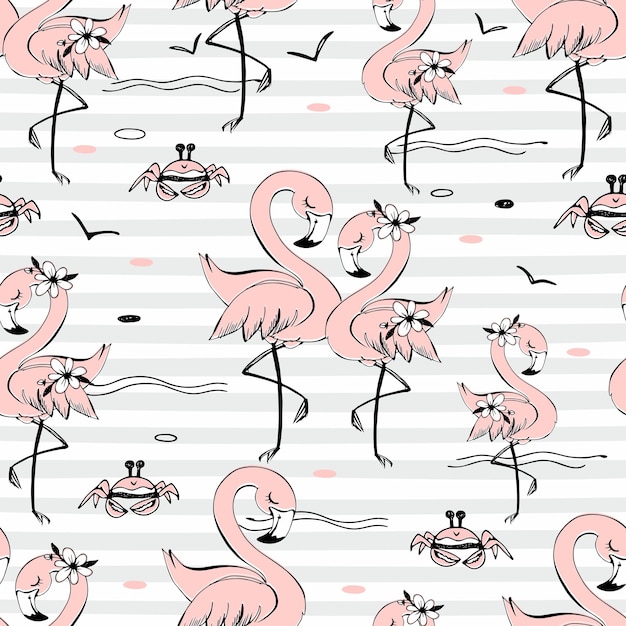 Seamless pattern with cute pink flamingos Striped background Vector