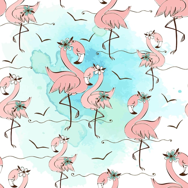 Seamless pattern with cute pink flamingos Vector