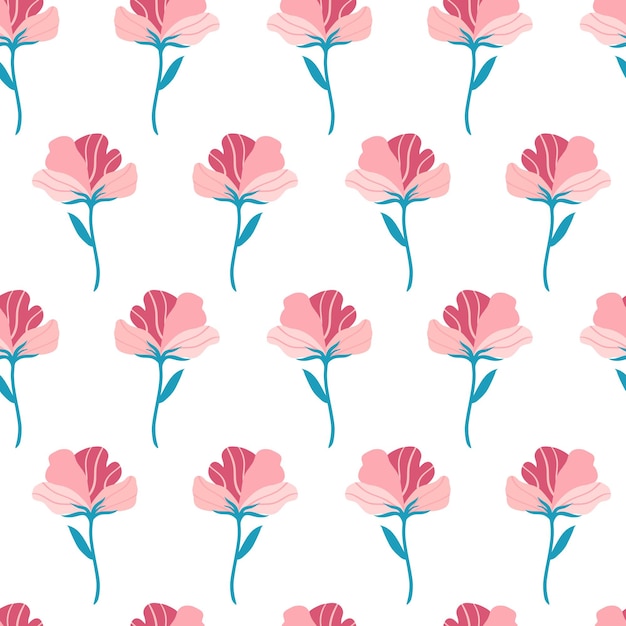 Seamless pattern with cute pink flat flower. Hand drawn vector illustration on white background. Texture for print, fabric, textile, wallpaper.