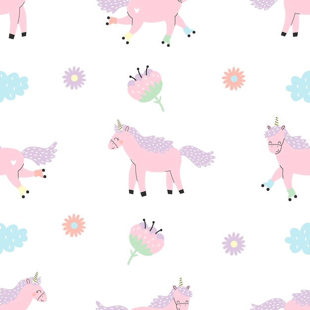 Vettore modello senza cuciture con unicorno rosa carino, nuvole e fiori. illustrazione vettoriale