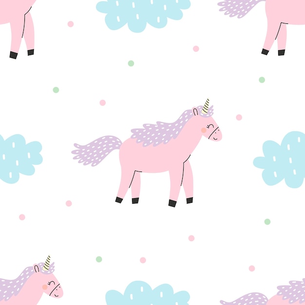 Vettore modello senza cuciture con unicorno rosa carino e nuvole. illustrazione vettoriale