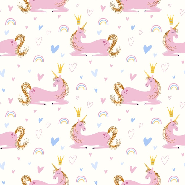 Seamless pattern with cute pink unicorn and hearts