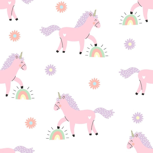 Vector seamless pattern with cute pink unicorn, rainbow and flowers. vector illustration