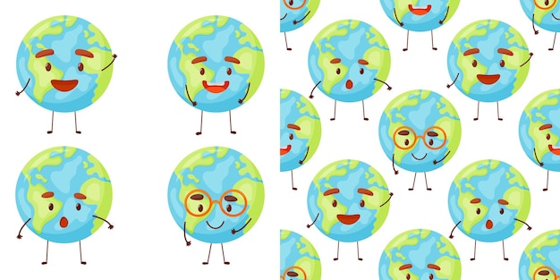 Seamless pattern with cute planet Earth characters with face. Kawaii globe. Funny celestial body.