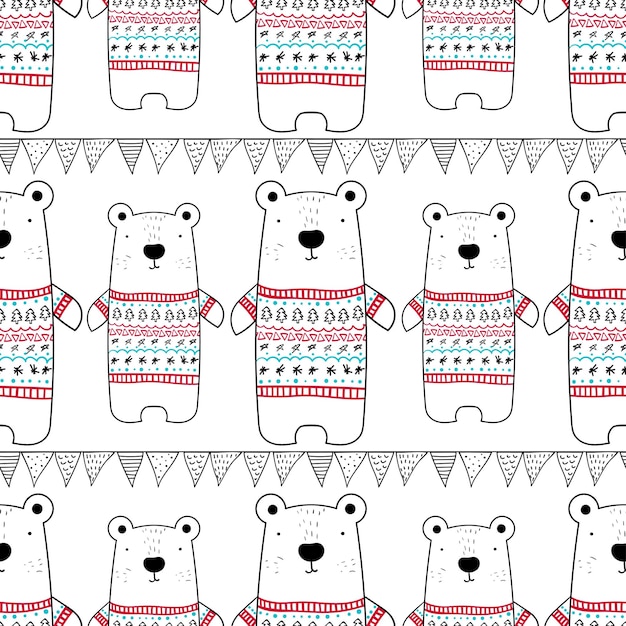 Vector seamless pattern with cute polar bear in winter pullover and party bunting flags christmas  new year