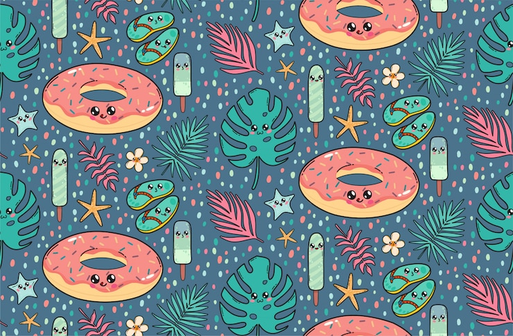 Vector seamless pattern with cute pool float donut, slates, ice creams, and tropical leaves in japan kawaii style