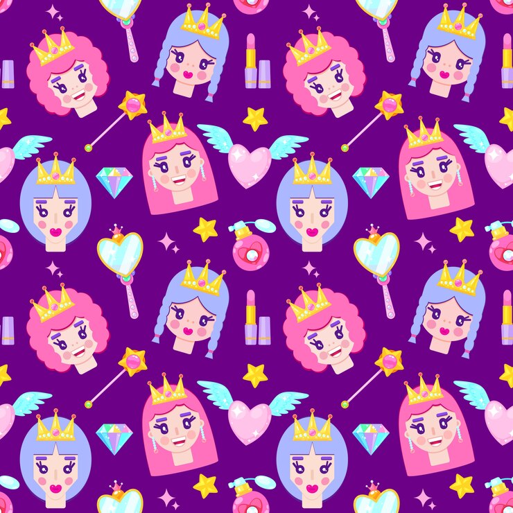 かわいいお姫様、ダイヤモンド、ハート、ミロー、白い背景の上の星とのシームレスなパターン