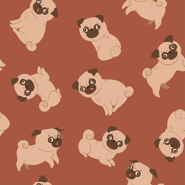 Seamless pattern with cute pugs on a red background