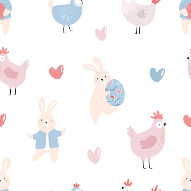 귀여운 토끼 닭과 부활절 달걀이 있는 매끄러운 패턴