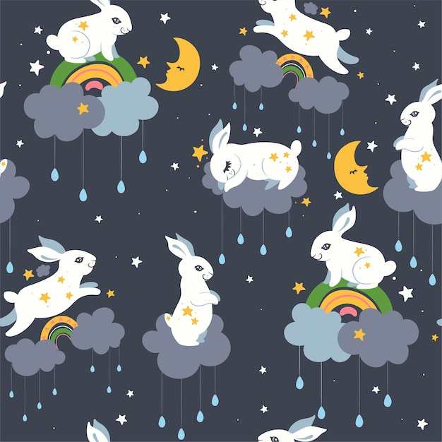 Seamless pattern with cute rabbits and clouds. vector graphics.