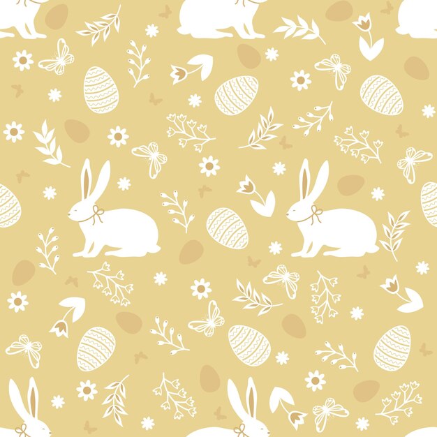 귀여운 토끼와 노란색 배경 부활절 인쇄에 꽃 요소와 원활한 패턴