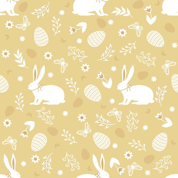 Seamless pattern with cute rabbits and floral element on yellow background easter print