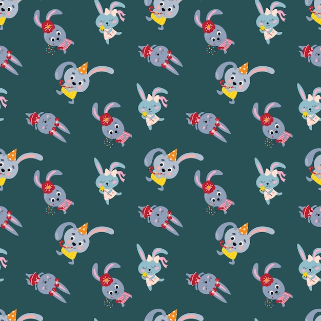 Seamless pattern with cute rabbits. Hand drawn style.