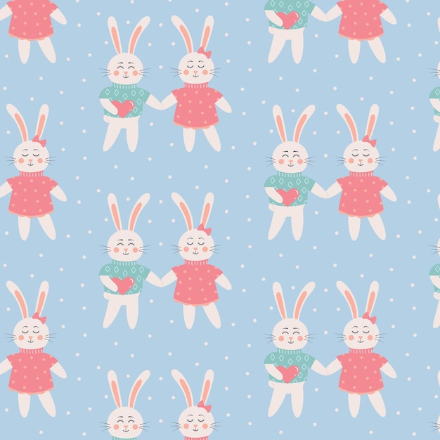 Seamless pattern with cute rabbits in love Scandinavian happy baby bunnies in clothes with heart