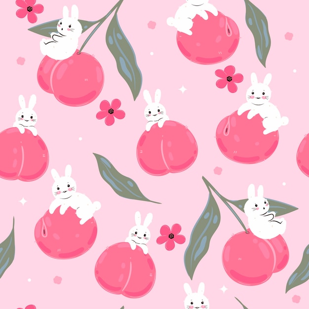 Seamless pattern with cute rabbits and peaches vector graphics