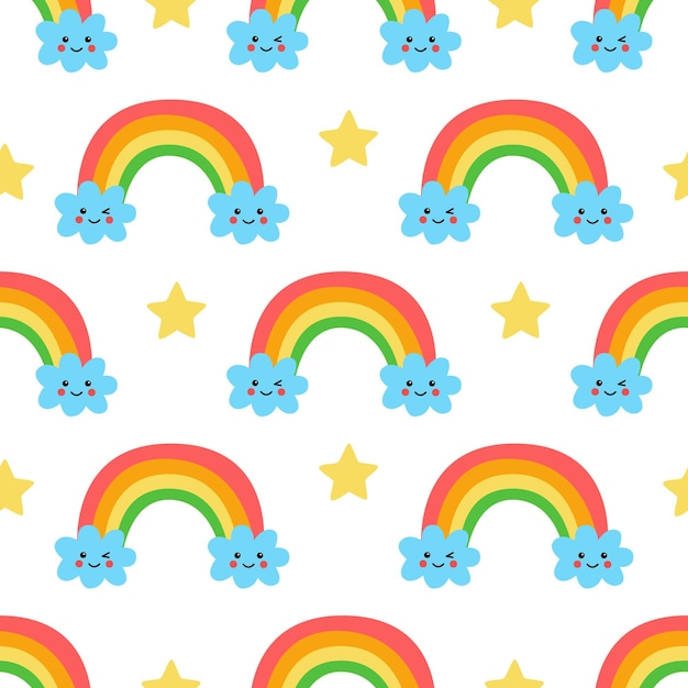Seamless pattern with cute rainbow and clouds