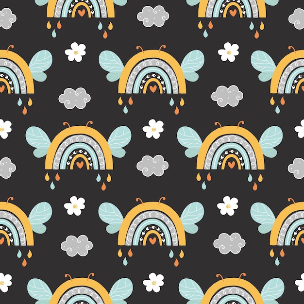 Seamless Pattern with Cute Rainbow and doodle clouds, Kids Cartoon Animals Background,