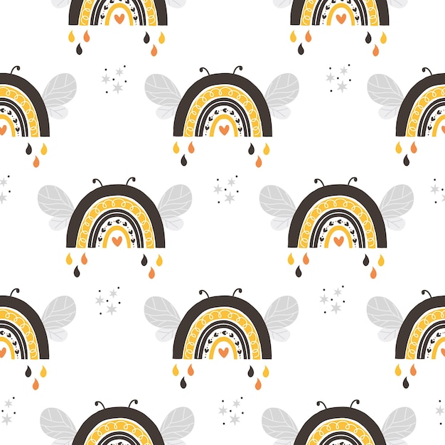 Seamless Pattern with Cute Rainbow, Kids Cartoon Animals Background, Design for baby clothes, t-shir