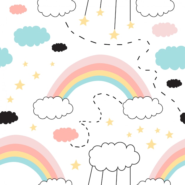 Seamless pattern with cute rainbow, stars, clouds.