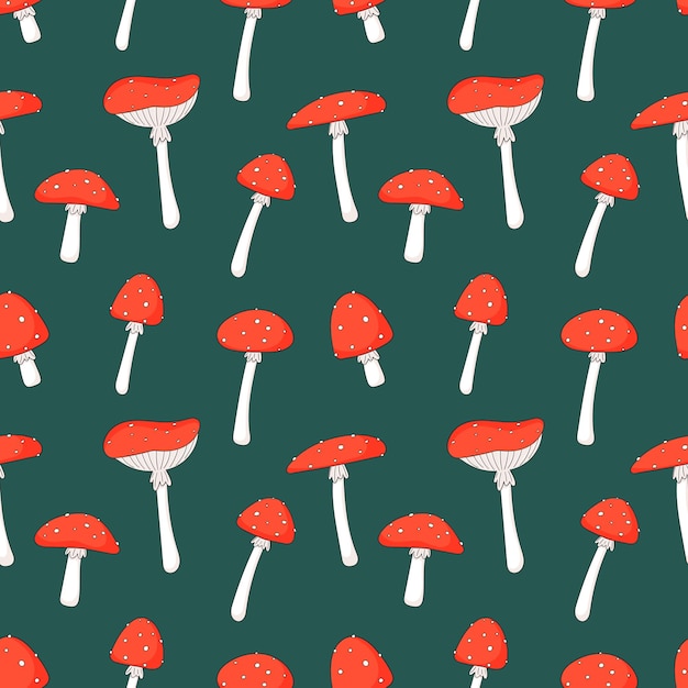 Vector seamless pattern with cute red fly agaric mushrooms vector illustration in doodle style on a dark green background seamless texture for fabric clothing textile