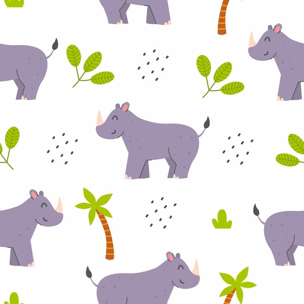 Seamless pattern with cute rhinoceros and palm tree on a white background vector childish illustration