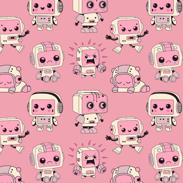 Seamless pattern with cute Robots Cute artificial robotic character Hand drawn Vector illustration