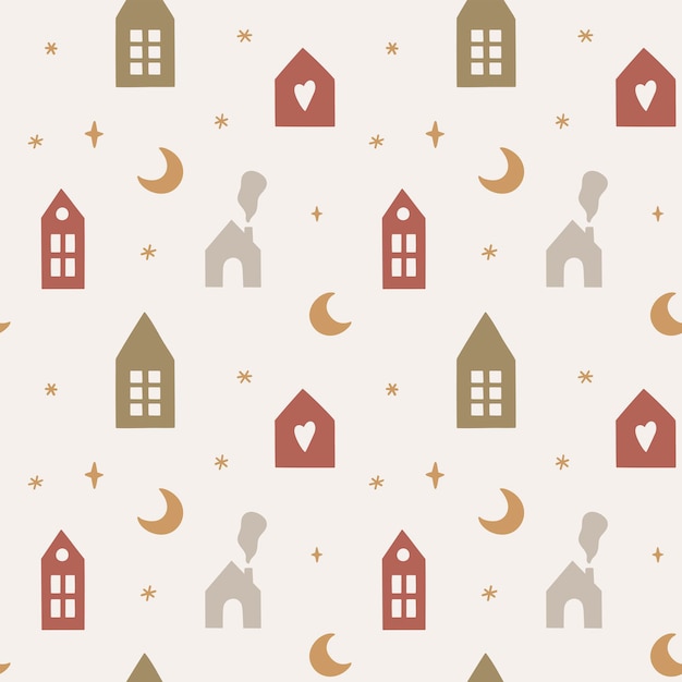 Seamless pattern with cute scandinavian houses moon and stars