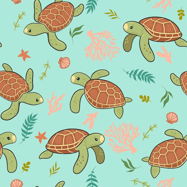 Vector seamless pattern with cute sea turtles. vector graphics.