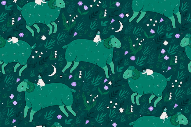 Seamless pattern with cute sheep and girls in the meadow Vector graphics