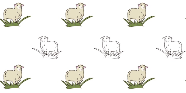 Бесшовный рисунок с милыми овцами в траве обои