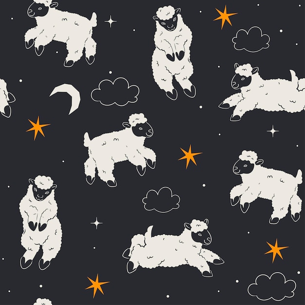 Seamless pattern with cute sheep moon and stars Vector graphics