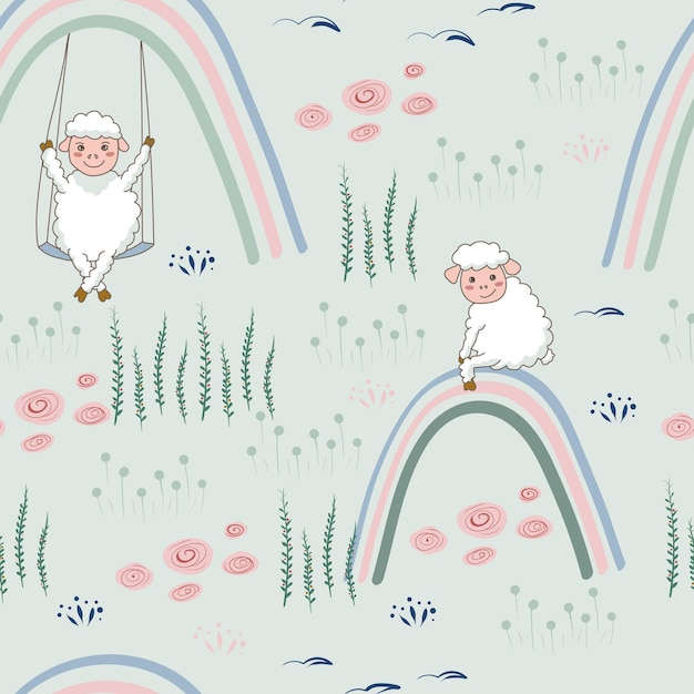 Seamless pattern with cute sheep rainbow