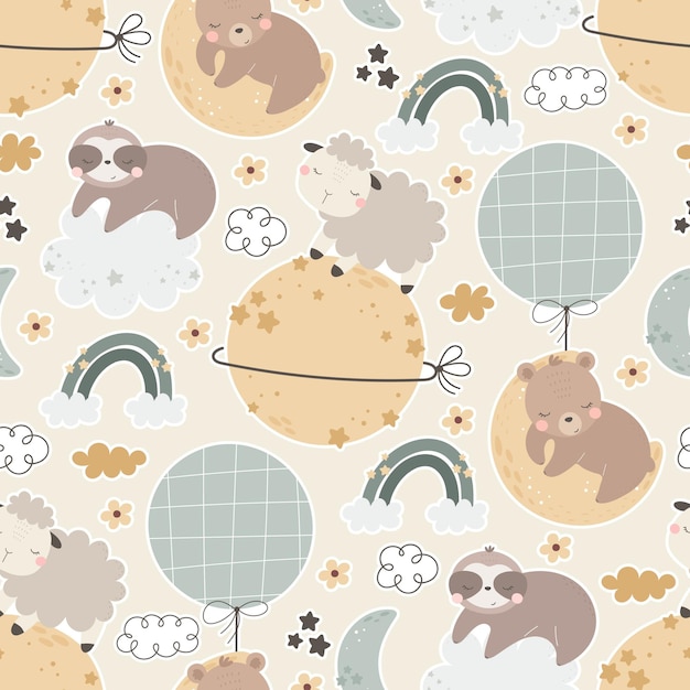 Seamless pattern with cute sloth bear sheep