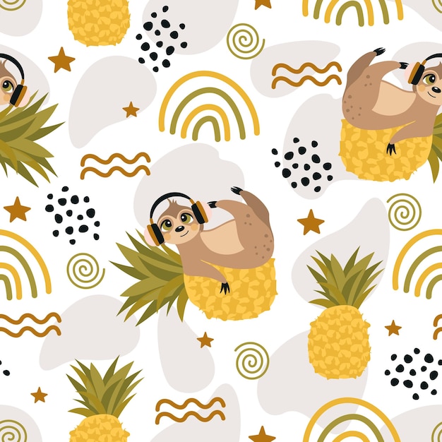 Seamless pattern with a cute sloth on a summer background Vector illustration